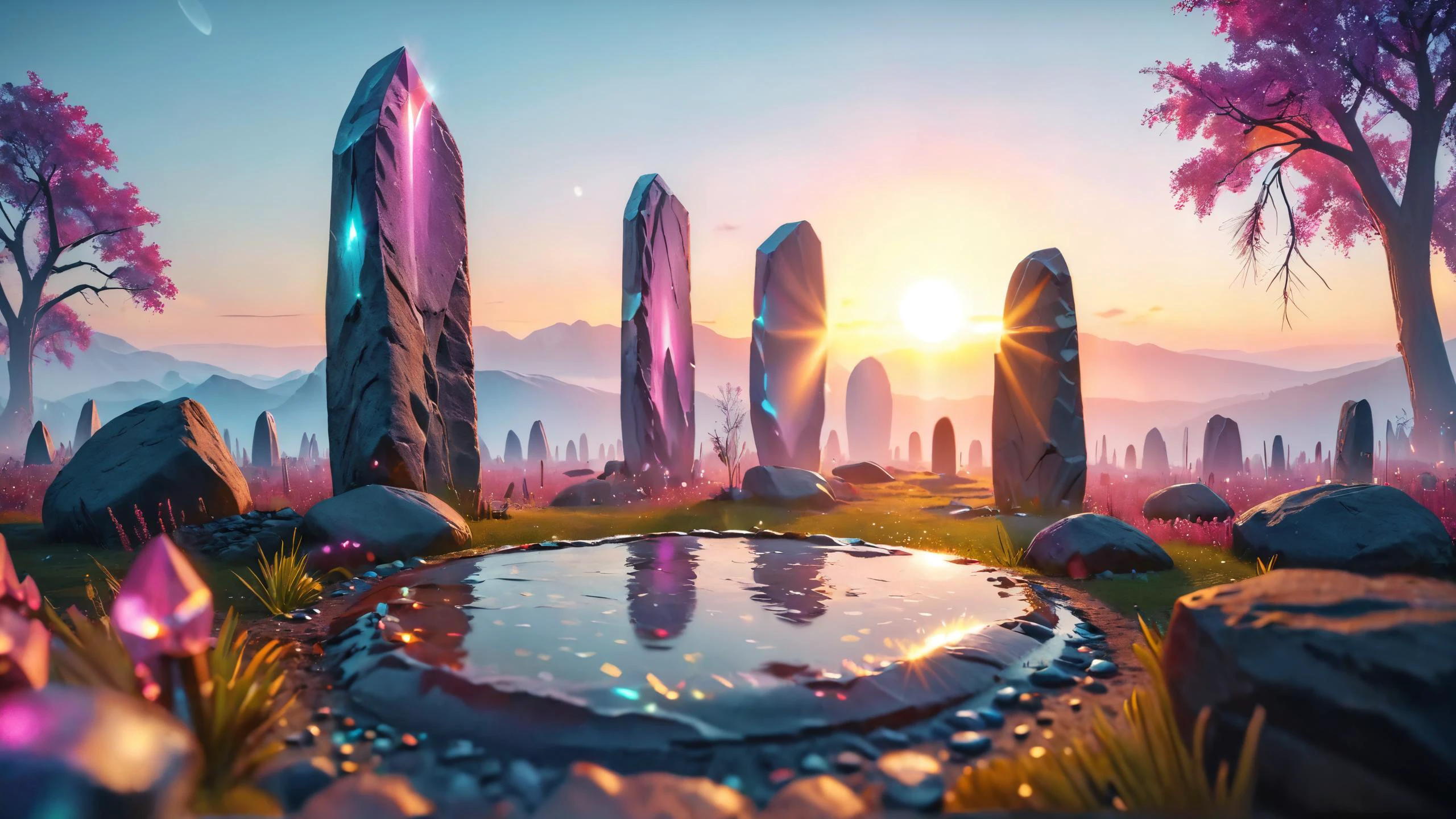 photorealistic detailed digital illustration of a circle of standing stones, 8k, Glittering crystal spires piercing the horizon in the background,, Dreamyvibes Artstyle, ColorART Hyperdetailed, Trending on artstation, artstationHD, artstationHQ, unreal engine, 4k, 8k <lora:MJ52:0.8> <lora:Dreamyvibes artstyle SDXL - Trigger with dreamyvibes artstyle:0.7> <lora:ColorART:0.7>