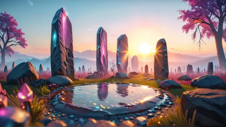 photorealistic detailed digital illustration of a circle of standing stones, 8k, Glittering crystal spires piercing the horizon in the background,, Dreamyvibes Artstyle, ColorART Hyperdetailed, Trending on artstation, artstationHD, artstationHQ, unreal engine, 4k, 8k  <lora:MJ52:0.8> <lora:Dreamyvibes artstyle SDXL - Trigger with dreamyvibes artstyle:0.7> <lora:ColorART:0.7>