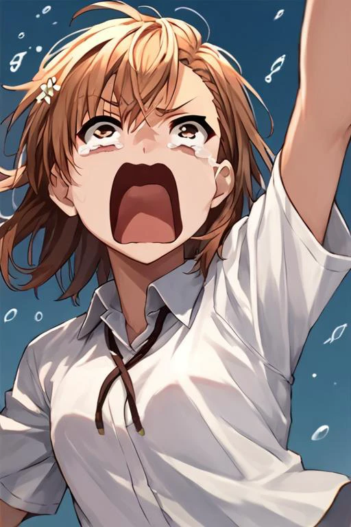score_9, score_8_up, score_7_up, source_anime, rating_safe, solo, 1girl, misaka_mikoto, brown eyes , collared_shirt, school_uniform, shirt, white_shirt, small_breast ,aquascreaming, screaming, open mouth, crying with eyes open, <lora:concept_aquascreaming_ponyXL:1> <lora:misaka_mikoto_v18:1>