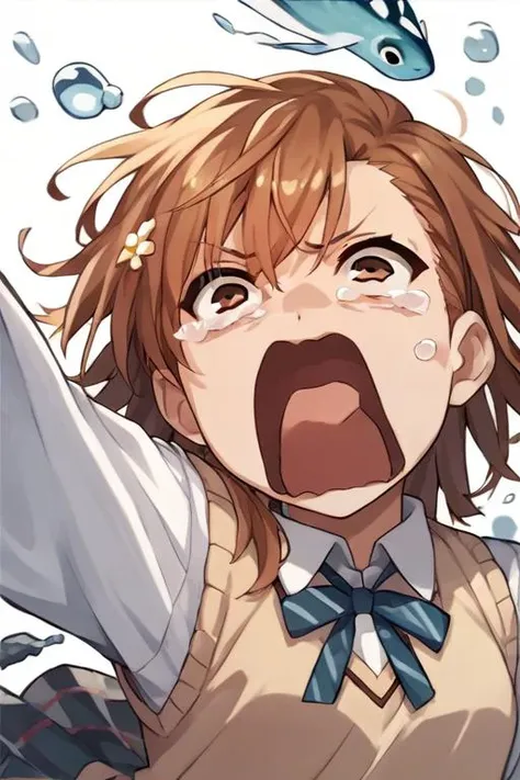 score_9, score_8_up, score_7_up, source_anime, rating_safe, solo, 1girl,  misaka_mikoto, brown eyes , collared_shirt, school_uniform, shirt, white_shirt, small_breast  ,aquascreaming, screaming, open mouth, crying with eyes open, <lora:concept_aquascreaming_ponyXL:1> <lora:misaka_mikoto_v18:1>