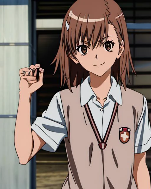 misaka_mikoto,looking at viewer,smile,(electrical spark1.5),school uniform,brown eyes,solo,closed mouth,collared shirt,shirt,[[white shirt,small breasts]],masterpiece,high quality,best quality,[realistic light and shadow], <lora:misaka_mikoto_v18:1:char>