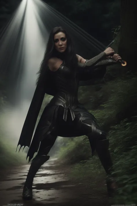 Best_QualityPos, RAW photo, intricate details, best quality, 8k uhd, soft lighting, 1girl, solo, black hair, long hair, armor, bare shoulders, green eyes, forest <lora:Hela:0.7> <lora:LowRA:0.6>