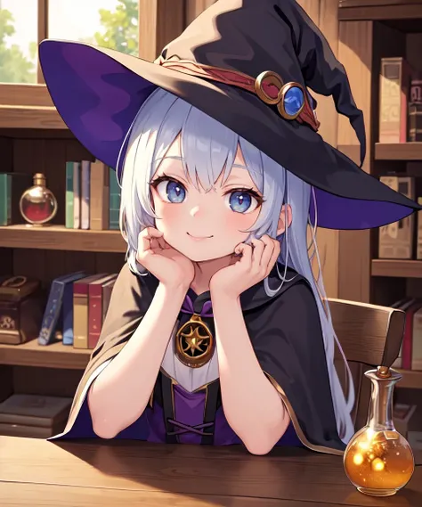 (masterpiece, best quality:1.2), 1girl, witch dress, witch hat, table, (potion:1.2), wooden walls, shelf, upper body, solo, indoors, window, capelet, smile, chin rest