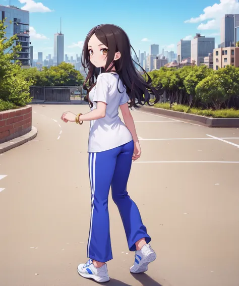 best quality, 1girl, [blue track pants|flared leggings], white shirt, sneakers, outdoors, short sleeves,
[forehead::2], [wavy hair, jewelry, bangle, tan skin, brown eyes, black hair:3], looking back,
city, solo, full body
<lora:detailer-b:1>
<lora:parted_r16:0.7>
<lora:flared:0.7>
<lora:cougar_:0.7>