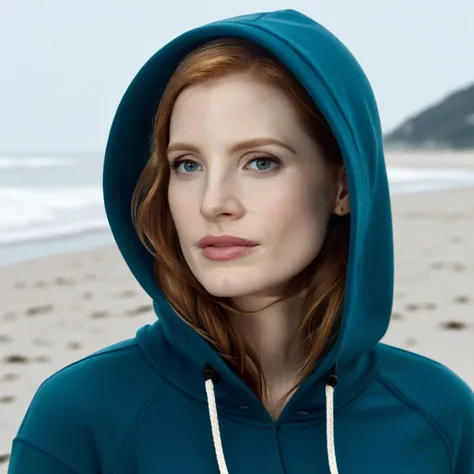 a photo of Jessica Chastain, ohwx woman, on a beach, wearing a hoodie, detailed skin <lora:jessicachastain_SDXL:0.9>