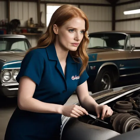 a photo of Jessica Chastain, ohwx woman, in a garage, working on a car, (grease), tools, detailed skin <lora:jessicachastain_SDXL:0.8>