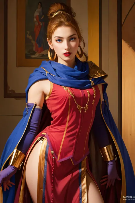 masterpiece, best quality, beautiful, 8k RAW photo, ertestyle, 1girl, calill, alluring, solo, earrings, red dress, cape, bracelet, elbow gloves, lipstick, perfect hands, <lora:Ertestyle:.9> <lora:calill-nvwls-v1:0.9>