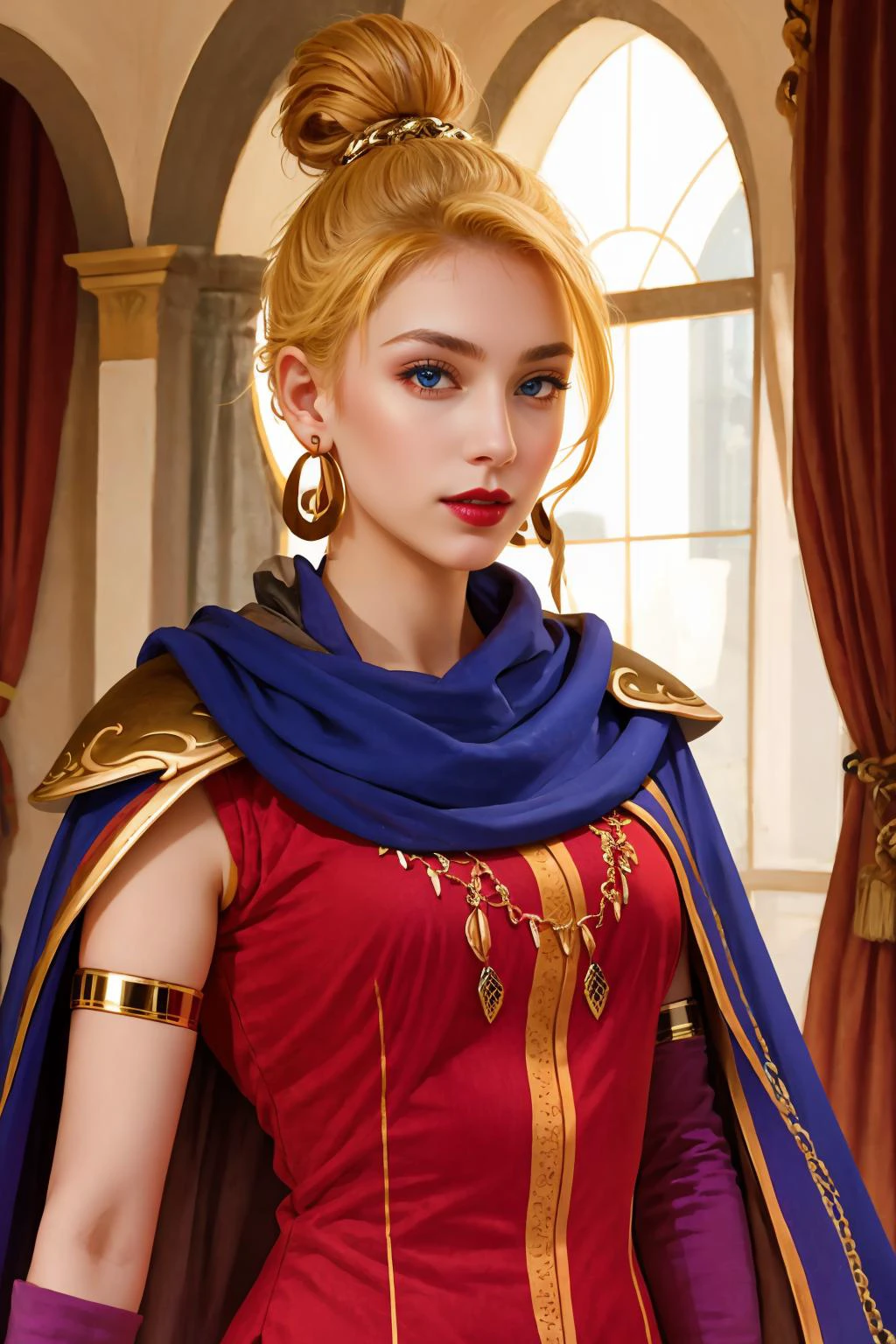 masterpiece, best quality, beautiful, 8k RAW photo, ertestyle, 1girl, calill, blonde hair, alluring, solo, earrings, red dress, cape, bracelet, elbow gloves, lipstick, perfect hands, <lora:Ertestyle:0.9> <lora:calill-nvwls-v1:0.9>