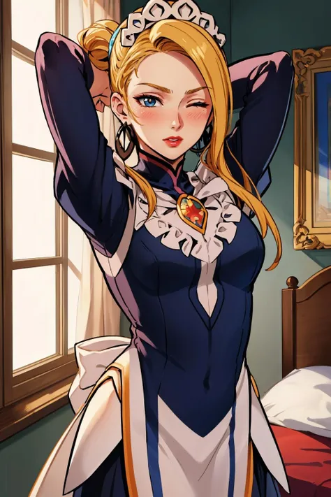 masterpiece, best quality, <lora:calill-nvwls-v1-000009:0.7> calill, earrings, lipstick, <lora:FEFatesMaid_v1:1> fates maid, bedroom, cowboy shot, arms behind head, blushing, wink, one eye closed, one eye open