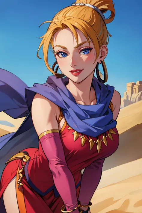 masterpiece, best quality, <lora:calill-nvwls-v1-000009:0.9> calill, earrings, red dress, cape, bracelet, elbow gloves, lipstick, looking at viewer, smile, leaning forward, desert, large breasts