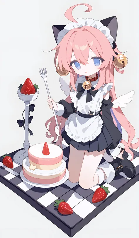 1girl,long hair,solo,bangs,wings,detached sleeves,very long hair,skirt,hair ornament,food,pleated skirt,apron,cake,black skirt,bell,blue eyes,star (symbol),pink hair,simple background,full body,fruit,kneeling,black footwear,strawberry,tail,ahoge,boots,multicolored hair,hair between eyes,striped,mini wings,horns,looking at viewer,cat ears,tail ornament,angel wings,collar,animal ears,ribbon,holding,cat tail,jingle bell,white apron,bow,grey background,shirt,long sleeves,parted lips,cake slice,white wings,cat girl,black bow,object on head,<lora:6.1:0.8>,, score_9,score_8_up,score_7_up,Expressiveh,rating_safe,(masterpiece, best quality)