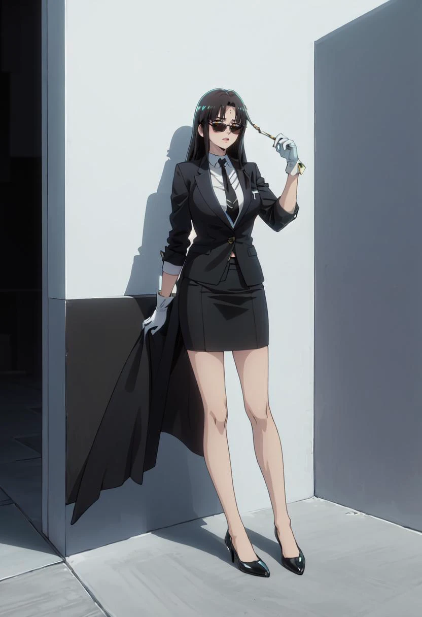 best quality, masterpiece, highres, solo, (michiko_tanaka_mahoushoujoniakogarete:1.10), (black business suit:1.40), (tie:1.20), (sunglasses:1.25), (white gloves:1.15), (white shirt:1.10), (black skirt:1.15), (smoking:1.20), handsome, anime_style, 18 <lora:michiko_tanaka_mahoushoujoniakogarete:0.80>