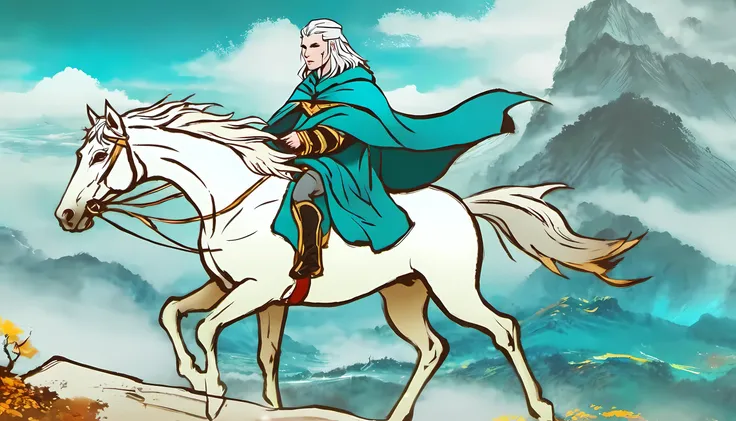 1 king ride a white horse, river and cyan mountains, cloak, face detailed, best quality, RAW photo, complex environment and background, masterpiece, ink style, <lora:ink-xl-v1:1>