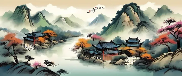 A small river is in front of the mountain, chinese ancient, ink style, <lora:ink-xl-v1:0.8>