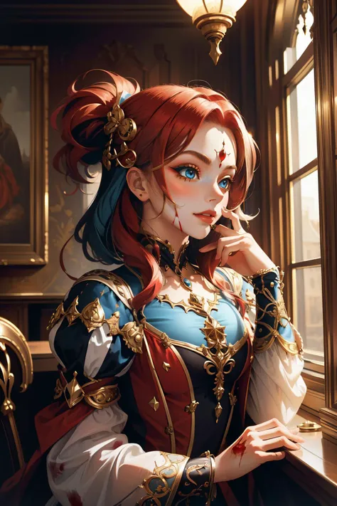 (masterpiece, best quality), intricate details,
1girl, <lora:RPGJester:0.8> jester, kings court, fantasy, indoors, blood, evil,