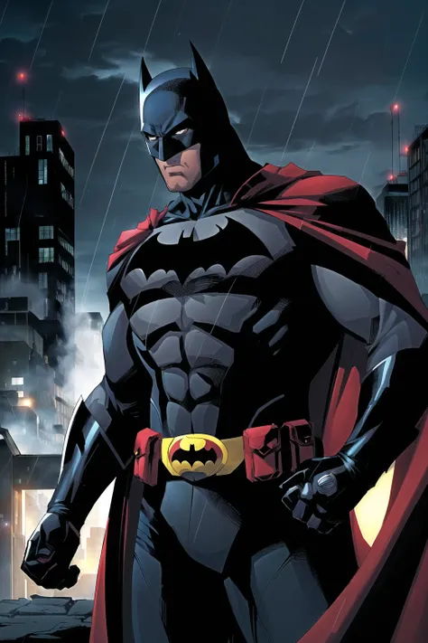 comic book style, batman, 1boy, dark scene, cowboy shot of batman, athletic, white eyes, no pupils, night city, mist, particles, male focus, mask, muscular, muscular male, ragged and torn cape, night, outdoors, rain, serious, dark armosphere, detailed background <lora:more_details:0.3>