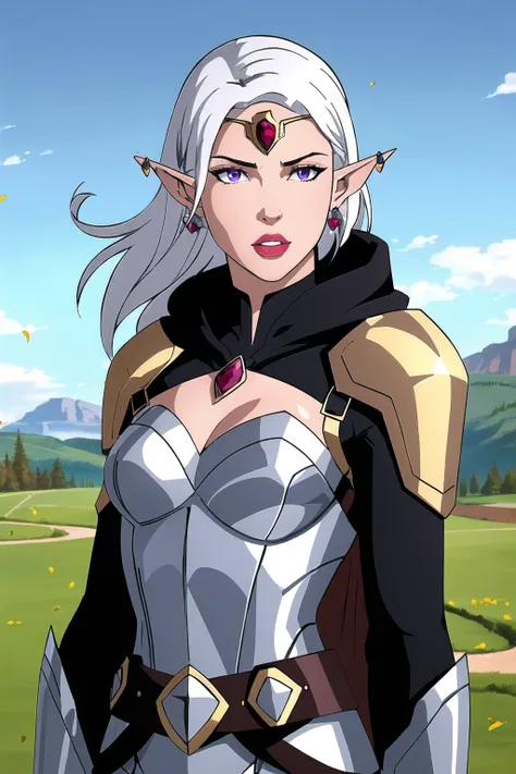 1girl, black coat, silver details, hood, between breasts, white hair, purple eyes, breasts, black cape,circlet, earrings, elf, forehead jewel, gloves, jewelry, lips, long hair, long pointy ears, looking at viewer, medium breasts, multiple belts, portrait, pauldrons, pointy ears, sheath, shoulder armor, solo, strap between breasts, wind, outdoors , ((masterpiece))