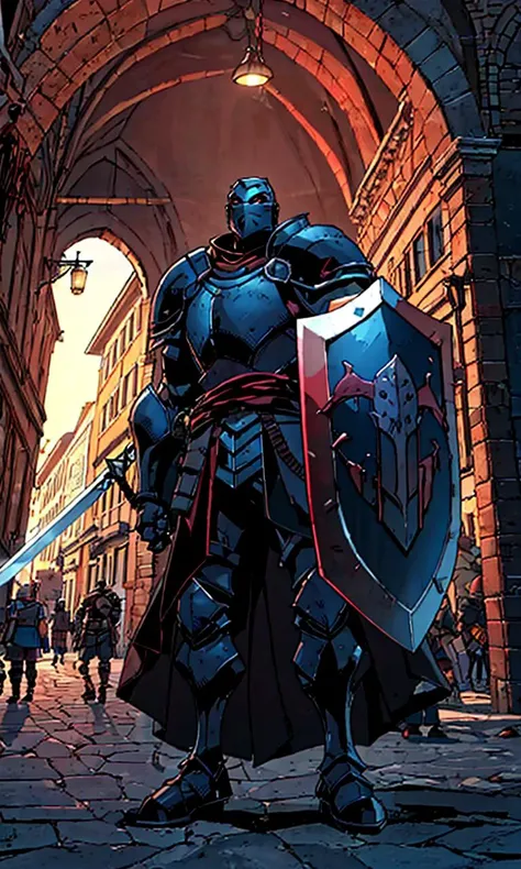 JoeMAD2023, knight , sword, shield, standing in medieval city, 8k, uhd, best quality, cartoon, cool armor, trending on artstation,