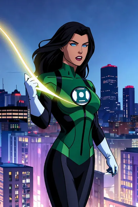 masterpiece, best quality, 1girl, black hair, blue eyes, green lantern costume, white gloves, cityscape background <lora:Green Lantern Costume_v1:1>