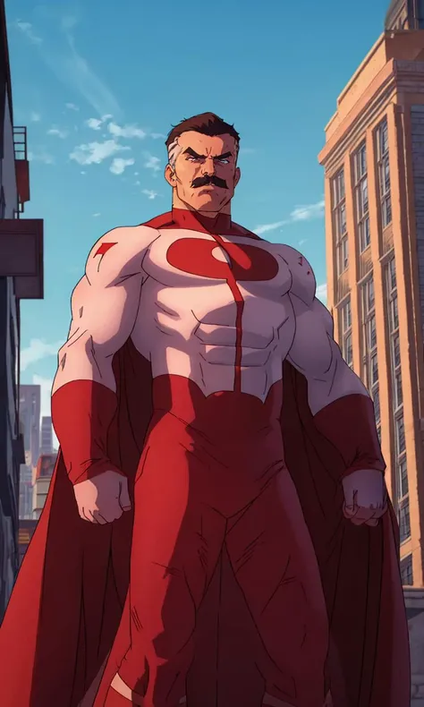 omniman2023, angry, moustache, in city, flowing red cape, standing, 8k, uhd, best quality, masterpiece, western animation style