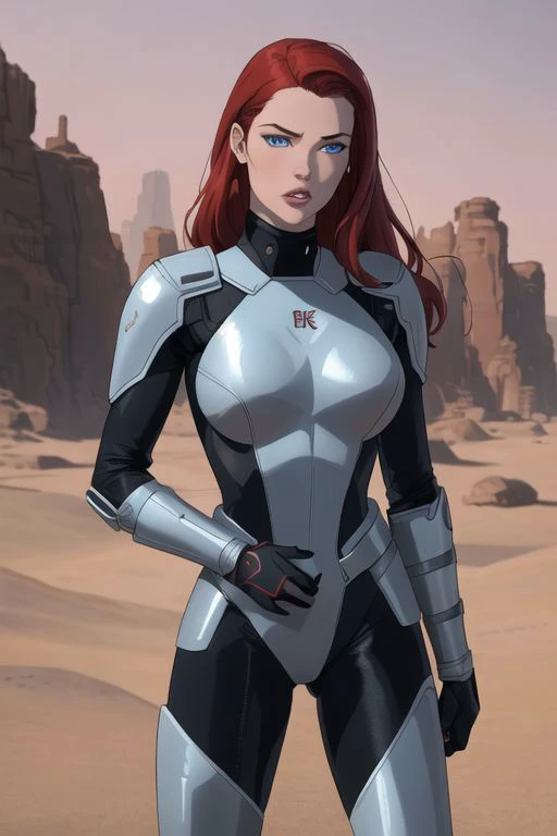 8k,4k,((Best quality, masterpiece, ultra high resolution)), looking at viewer, portrait, facial focus, parted lips, arielodd, 1girl, lips, red hair, blue eyes, <lora:Ariel_V3-04:0.75> wearing a Vault Suit in a desert wasteland, <lora:Fallout_Vault_Suit-000008:0.5>