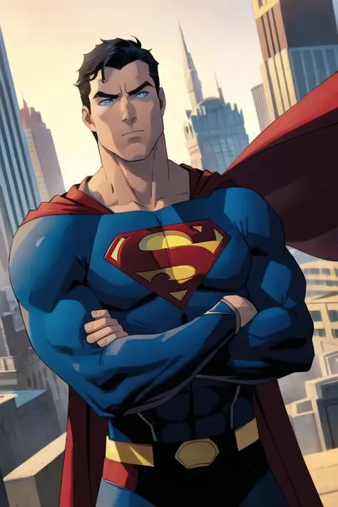 1boy, superman, abs, bara, black hair, blue bodysuit, blue eyes, bodysuit, cape, closed mouth, crossed arms, large pectorals, male focus, muscular, muscular male, pectoral lift, pectorals, red cape, short hair, outdoors, skyscrapers, solo, superhero, upper body , ((masterpiece))