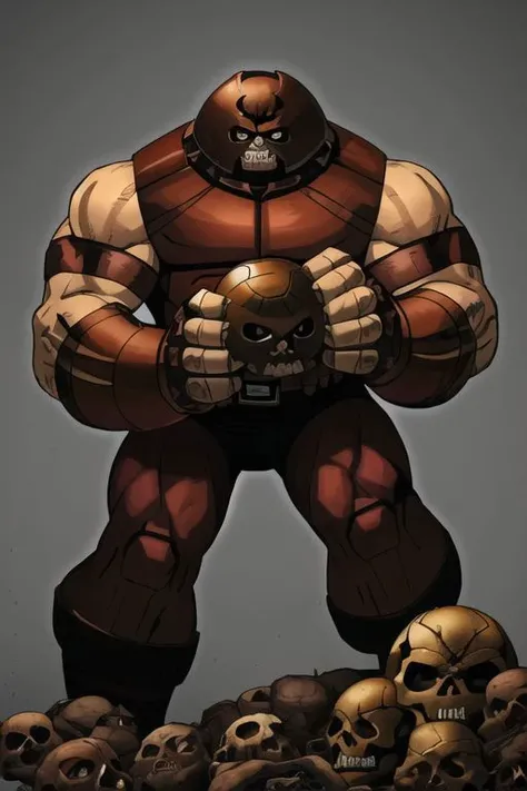 XMenJuggernaut, brown helmet, medium shot, serious face, crushing a skull between hands, hands together, ((skull between hands))