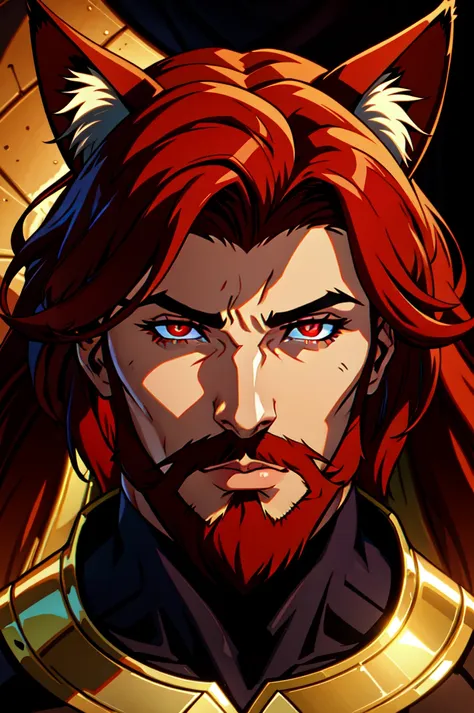 HotBoys,masterpiece, best quality, ultra-detailed, highres, best illustration),perfect face, ((solo, solo focus)),sidelighting, lustrous skin,(bloom), (shine), ray tracing,solo,solo,animal ears, 1boy, solo, male focus, facial hair,red eyes , looking at viewer, beard, red hair, mustache, wings, lips,cat ears,depth_of_field,very detailed background,extreme light and shadow,(detailed eyes), (beautiful) beautiful detailed eyes, perfect lighting , perfect anatomy,(extremely detailed illustrated 8k wallpaper),(masterpiece), (best quality), (ultra-detailed), (best illustration),(best shadow) , vivid colors, <lora:Hot_Boys:0.4>