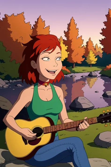 (solo, 1girl:1.1), (body illustration:1.1) of a tanned woman, musician, red wavy hair, black eyes, wearing jeans and a dark halter top, choker, fantasy, outdoors, autumn, (pond:0.7), lush forest, in the background, sitting on a rock, (playing an acoustic guitar:1.1), joyful, (detailed background), (detailed), <lora:Rugrats+AGU:0.4>