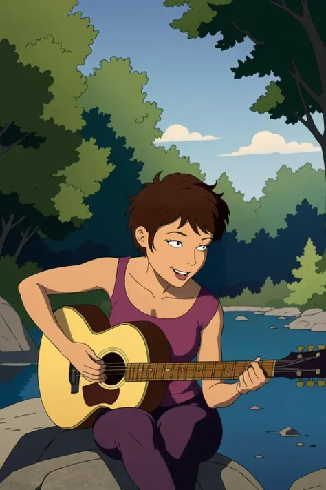 (solo, 1girl:1.1), (body illustration:1.1) of a tanned woman, musician, brunette pixie cut hair, fantasy, outdoors, lush forest, in the background, sitting on a rock, (playing an acoustic guitar:1.1), excited, (detailed background), (detailed), fantasy, <lora:Rugrats+AGU:0.4>