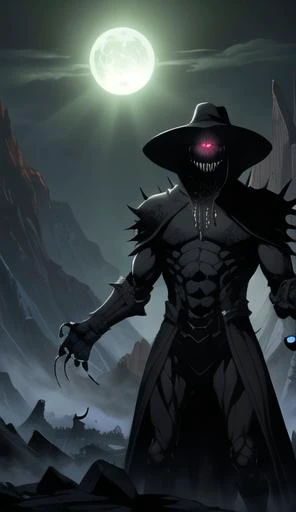 horror \(theme\), dripping_blood,background mountain of pile of corpses, anorexia,long_arms, sharp teeth, sharp fingernails, glowing eyes, green eyes, black trench coat,black cowboy hat, HorrorFantasy