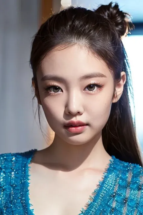 shiny skin, lips, super detailed skin, detailed beautiful face and eyes, spotlight, professional lighting, (upper body:0.8), wearing a blue dress as a fashion designer. Beautiful thighs, bun hair, kooo123, <lora:BLACKPIOO_jennOO_v1:0.8>
