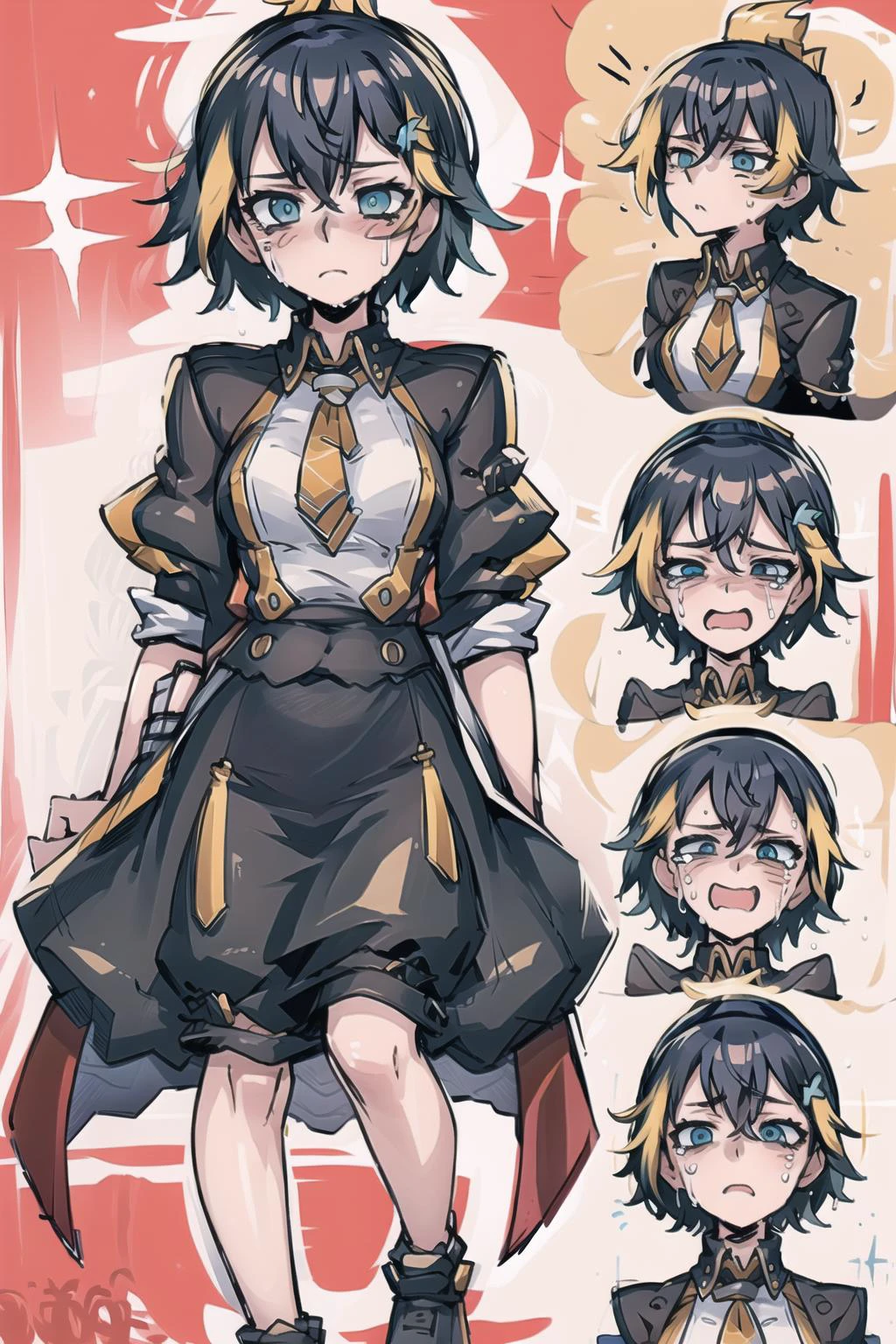 best quality, intricate details,
<lora:johnnyNumbnutzAI_v20:0.8> johnny_numbnutz,
<lora:petraGurin_main:0.8> petra,
<lora:expressionChartStyle_v1:1> expression chart, full body, angry, sad, crying, blushing,