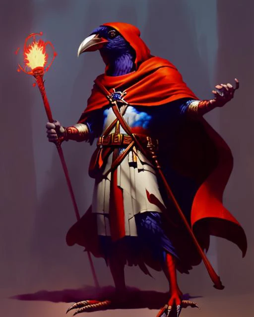 Medium Shot of Minoan, red Kenku_Person, Cleric, Fantasy, Volumetric lighting, concept art, brush stroke style, artstation, trending, highly detailed, art by greg rutkowski