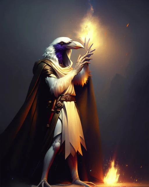 Medium Shot of Assyria, white Kenku_Person, Artificer, Fantasy, Volumetric lighting, concept art, brush stroke style, artstation, trending, highly detailed, art by greg rutkowski