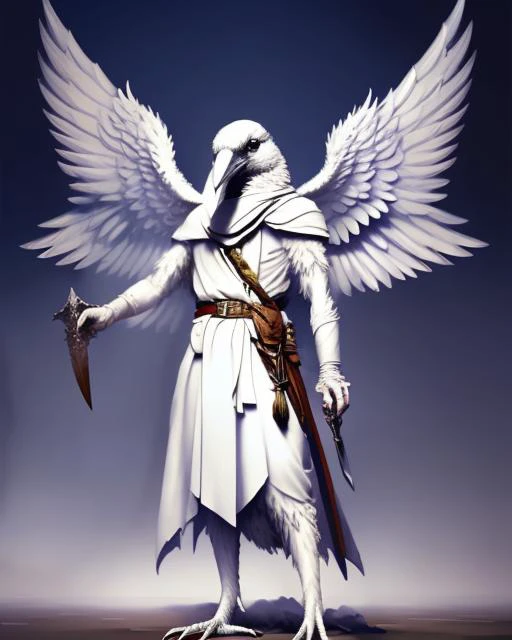 Medium Shot of Assyria, white (Kenku_Person:1.1), Artificer, Fantasy, Volumetric lighting, concept art, brush stroke style, artstation, trending, highly detailed, art by greg rutkowski, giant wings, sword , angelic, wings, looking up, hands down