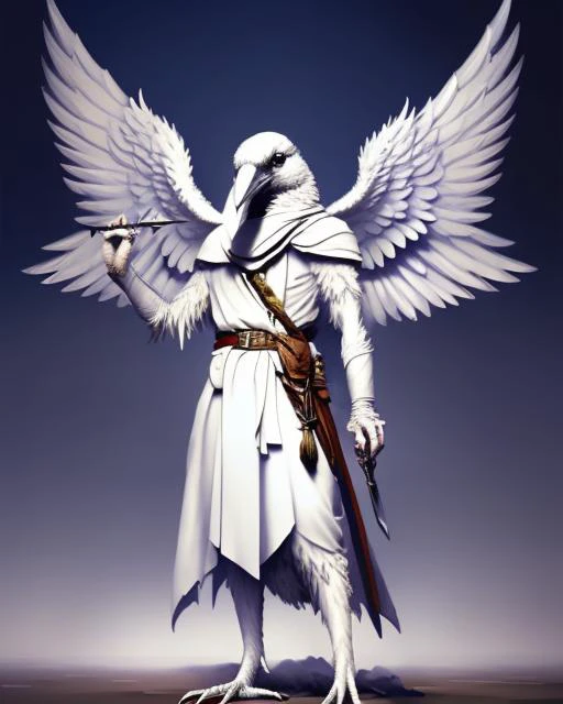 Medium Shot of Assyria, white (Kenku_Person:1.1), Artificer, Fantasy, Volumetric lighting, concept art, brush stroke style, artstation, trending, highly detailed, art by greg rutkowski, giant wings, sword , angelic, wings, looking up