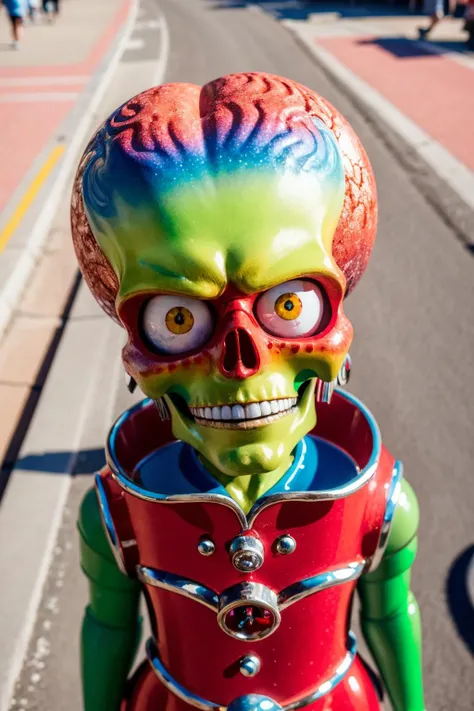 <lora:Mars Attacks_v1-000009:1> masterpiece, photorealistic highly detailed 8k 360-Degree Aerial View of a Mountain Range, msttck, green skin, red eyes, Colorful Street Markets