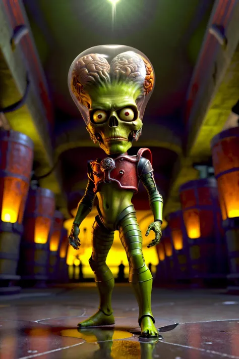 <lora:Mars Attacks_v1-000009:0.8> masterpiece, photorealistic highly detailed 8k Cinematic Tilt-Up from Ground to Sky, best cinematic quality, volumetric lighting, msttck, green skin, red eyes, __man_pose__, full of busy people in Stone Bridges over Reflective Ponds