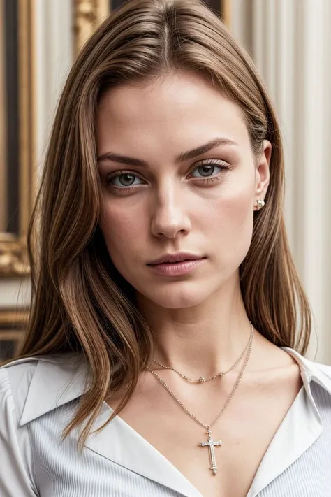 European woman, closeup, (shirt), pants, (buckingham palace), cross necklace , ZM_pihla, wide shoulders, perfect face, (contact iris: 1.1), pale skin, skin pores , depth of field