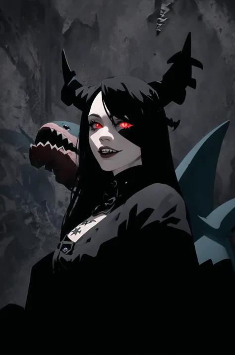 masterpiece, best quality, solo, portrait of a mature demon woman with horns and fins and (shark teeth:1.2), bitdstyle, long black dress, long black hair, face tattoos, red glowing eyes, closed-mouth evil grin, Victorian drawing room background <lora:inthedark_v2:0.85>