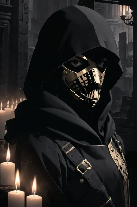 masterpiece, best quality, solo, portrait of a hooded soldier wearing a brass full-face mask, bitdstyle, ancient temple background lit by candles, (monochrome:0.85), spot color <lora:inthedark_v2:0.85>