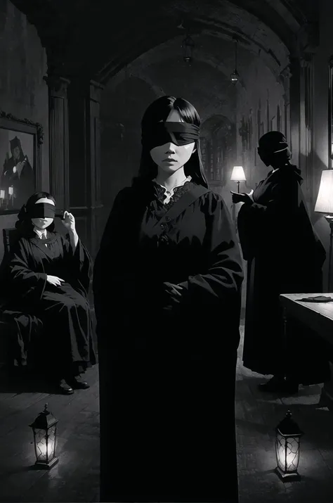 masterpiece, best quality, solo, portrait of three witches in a cluttered mansion, (black robes), (blindfolded), bitdstyle, Victorian drawing room background lit by eerie lamps, (monochrome:0.9), fierce gaze, spot color <lora:inthedark_v2:0.85>