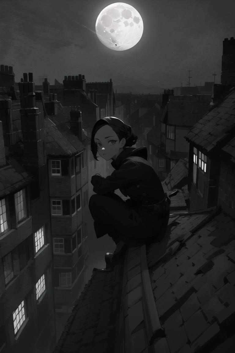 masterpiece, best quality, 1girl, solo, a thief perched on a rooftop overlooking a Victorian slum, silhouette, beautiful eyes and face, moonlit sky <lora:inthedark-a1:0.9>