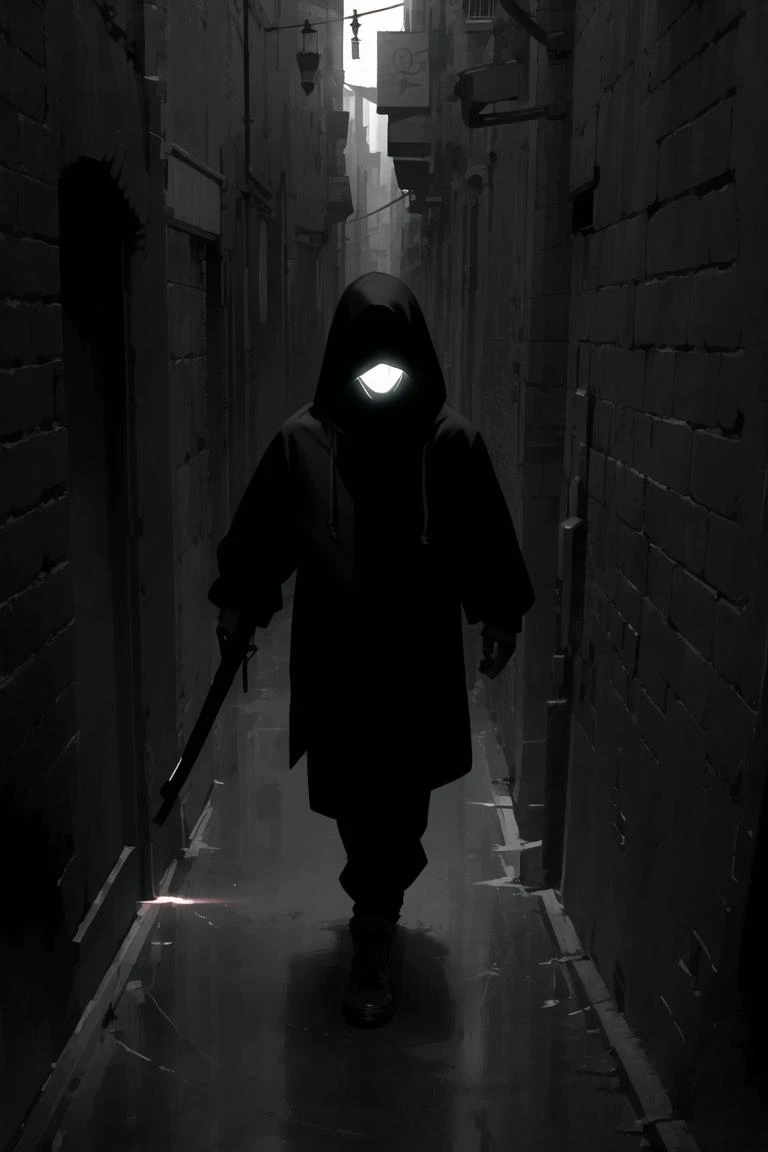 masterpiece, best quality, 1boy, solo, silhouette of a hooded assassin stalking a dark alleyway, intricate background, (determined gaze:0.8) <lora:inthedark-a1:0.9>