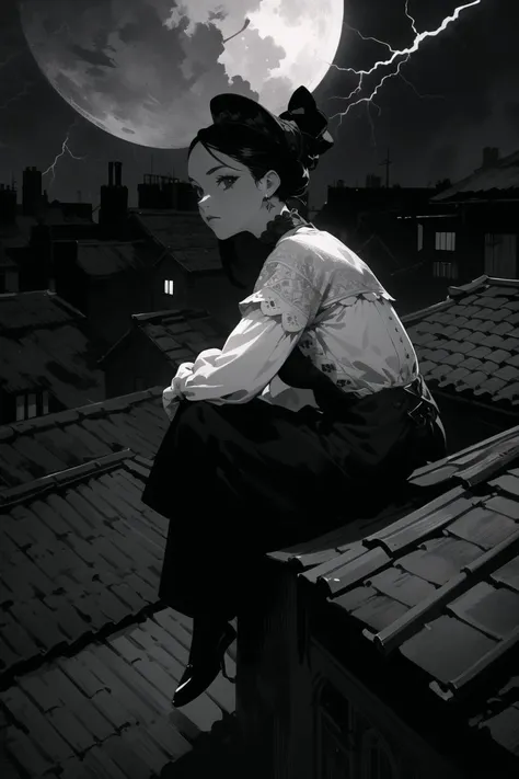 masterpiece, best quality, a woman thief perched on a roof overlooking Victorian slums, bitdstyle, beautiful detailed face, detailed clothes, intricate background, night time, dimly lit by the full moon, (thunderstorm:1.15) in background, monochrome <lora:inthedark-b2:0.6>