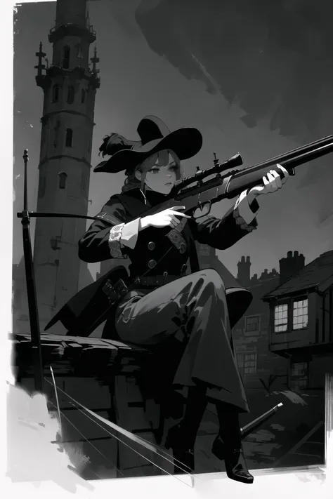 masterpiece, best quality, mature female, sniper perched on top of a tower, tricorne, tricorn hat, bitdstyle, braided hat, holding weapon, aiming a musket rifle, intricate background, Victorian slums, (monochrome:0.8) <lora:inthedark-b2:0.65>