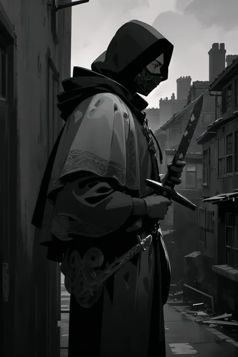 masterpiece, best quality, bronze metal masked warrior (holding a sword:1.15), hood, black military uniform, from the side, intricate background, Victorian slums, monochrome <lora:inthedark-b2:0.75>