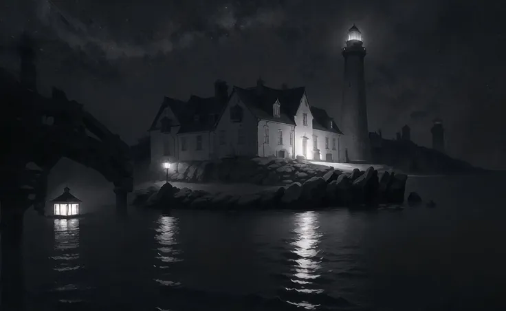 masterpiece, best quality, bitdstyle, a lighthouse on an island, dark, night time, monochrome, fog <lora:inthedark-beta5-e14-DIM64:0.9>