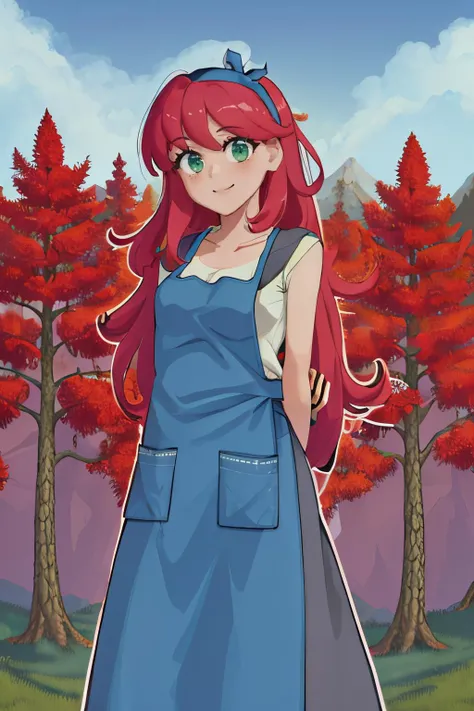 masterpiece, best quality, 1girl, solo, cute, smile, standing, <lora:terraria_stylist-10:1> trstylist, arms behind back, hairband, apron, pants, forest, trees, blue sky, <lora:background-terraria-richy-v1:1> terrariabackground